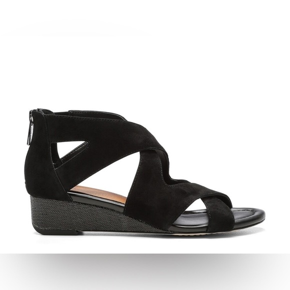 New Donald Pliner Vela Black Suede Criss Cross Strappy Sandals Low Wedge Sz 7 - Picture 2 of 12
